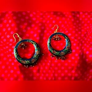 Elegant Blue and Gold Handpainted Floral Earrings